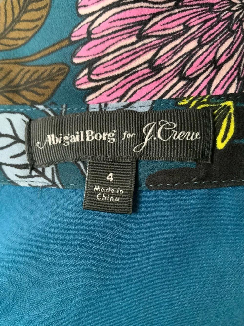 J. CREW X ABIGAIL BORG Shirt-Dress Midi Black Floral Teal Pink Blooms Size 4 - Picture 4 of 8
